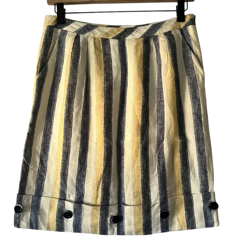 Edme & Esyllte Striped Linen Blend‎ Mini Skirt Button Hem Pockets Pleated Sz 2